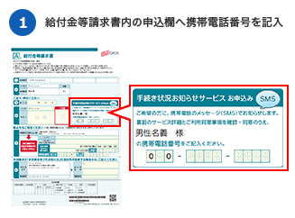 ①給付金等請求書内の申込欄へ携帯電話番号を記入