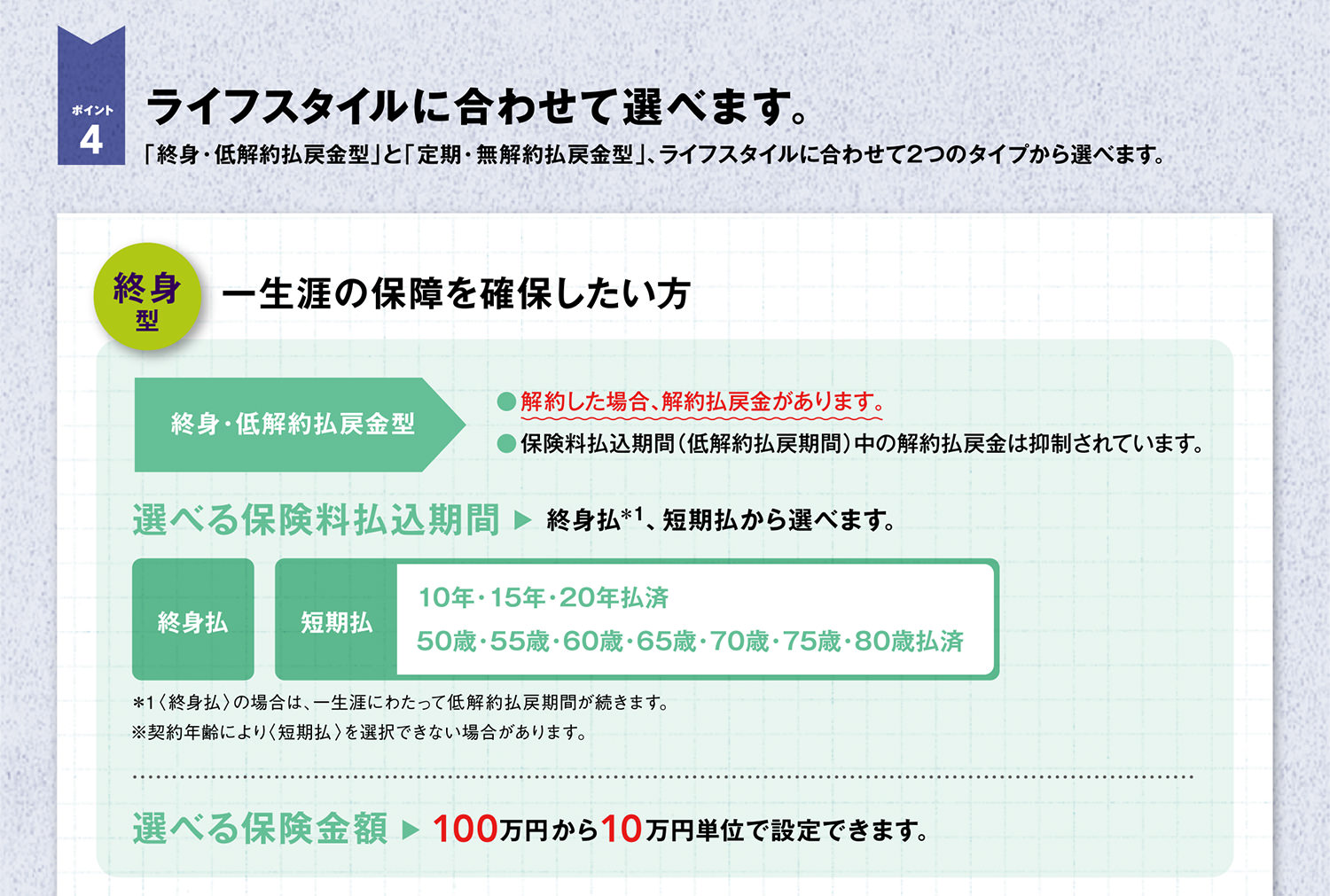 ライフスタイルに合わせて選べます。／終身型／一生涯の保障を確保したい方