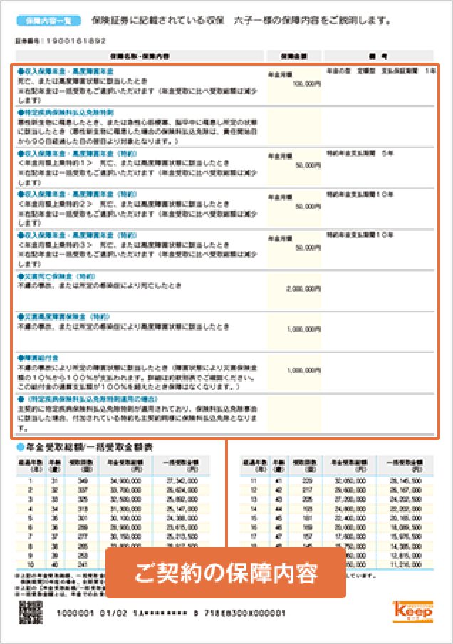ご契約内容の保障内容を記載しています