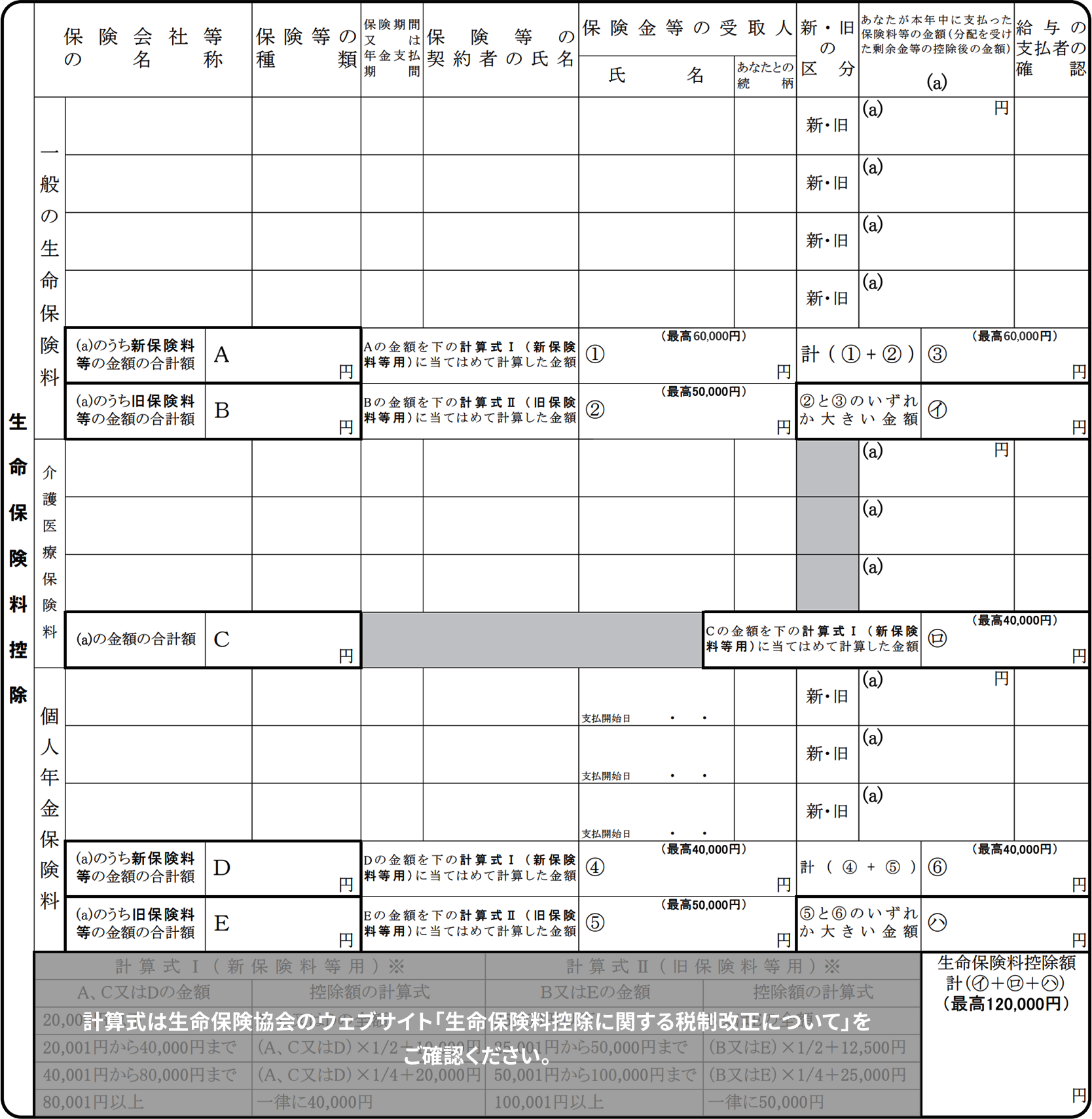 給与所得者の保険料控除申告書。計算式は生命保険協会のウェブサイト「生命保険料控除に関する税制改正について」をご確認ください。