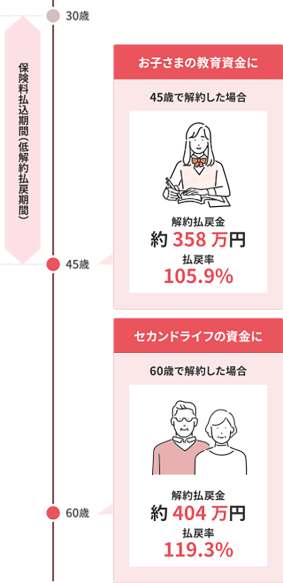 30歳から45歳まで保険料払込期間(低解約払戻期間) お子さまの教育資金に 45歳で解約した場合 解約払戻金約358万円 払戻率105.9% セカンドライフの資金に 60歳で解約した場合 解約払戻金約404万円払戻率119.3%