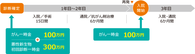 診断確定/がん一時金 100万円 + 悪性新生物初回診断一時金 300万円 [1年目～2年目]入院／手術 15日間 通院／抗がん剤治療 6か月間 再発 入院開始/がん一時金 100万円 [3年目]入院・通院 6か月間