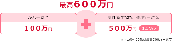 最高600万円 がん一時金 100万円 + 悪性新生物初回診断一時金 500万円 1回のみ ※41歳～60歳は最高300万円まで