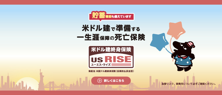 貯蓄機能も備えています 米ドル建で準備する一生涯保障の死亡保険 米ドル建終身保険 US RISE ユーエス・ライズ 無配当 米国ドル建終身保険（低解約払戻金型）為替リスク、諸費用について必ずご確認ください。 詳しくはこちら