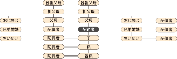 配偶者 （契約者・配偶者の）曾祖父母・祖父母・父母・おじおば・兄弟姉妹・おいめい （契約者の）おじおばの配偶者・兄弟姉妹の配偶者・おいめいの配偶者・子・子の配偶者・孫・孫の配偶者・曾孫・曾孫の配偶者