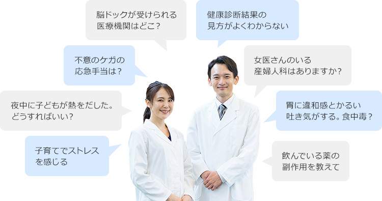 健康診断結果の見方がよくわからない 脳ドックが受けられる医療機関はどこ？ 不意のケガの応急手当は？ 夜中に子どもが熱をだした。どうすればいい？ 子育てでストレスを感じる 女医さんのいる産婦人科はありますか？ 胃に違和感とかるい吐き気がする。食中毒？ 飲んでいる薬の副作用を教えて