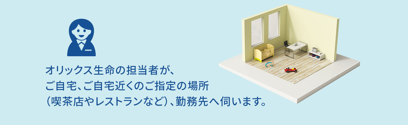 オリックス生命の担当者が、ご自宅、ご自宅近くのご指定の場所（喫茶店やレストランなど）、勤務先へ伺います。