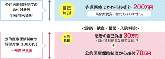 公的医療保険制度の給付対象外 全額自己負担 先進医療にかかる技術料200万円 高額療養費の給付もありません。 ＜診察・検査・投薬・入院料等＞ 公的医療保険制度の給付対象(100万円) 一部自己負担 患者の自己負担30万円(自己負担割合3割の場合)※ + 公的医療保険制度から給付70万円