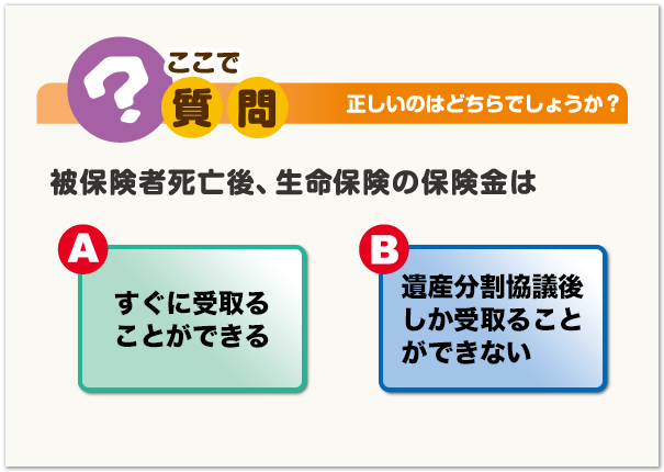 ここで質問 正しいのはどちらでしょうか？ 被保険者死亡後、生命保険の保険金は A すぐに受取ることができる B 遺産分割協議後しか受取ることができない