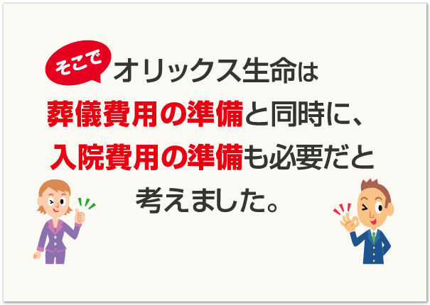 そこでオリックス生命は葬儀費用の準備と同時に、入院費用の準備も必要だと考えました。