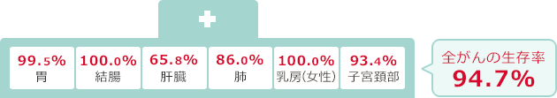 胃(99.5%) 結腸(100.0%) 肝臓(65.8%) 肺(86.0%) 乳房(100.0%) 子宮頚部(93.4%) 全がんの生存率(94.7%)