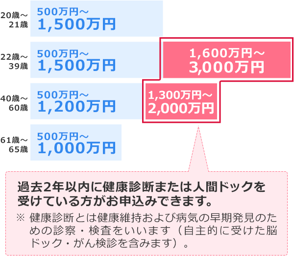 20歳～21歳：500万円～1,500万円／22歳～39歳：500万円～1,500万円、1,600万円～3,000万円(※)／40歳～60歳：500万円～1,200万円、1,300万円～2,000万円(※)／61歳～65歳：500万円～1,000万円／ (※)申込条件：過去2年以内に健康診断または人間ドックを受けている方がお申込みできます。 ※健康診断とは健康維持および病気の早期発見のための診察・検査をいいます(自主的に受けた脳ドック・がん検診を含みます)。