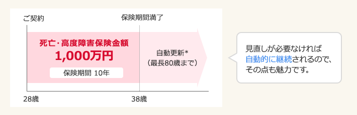 28歳ご契約～38歳保険期間満了 死亡・高度障害保険金額1000万円 保険期間10年 自動更新*(最長80歳まで) 見直しが必要なければ自動的に継続されるので、その点も魅力です。