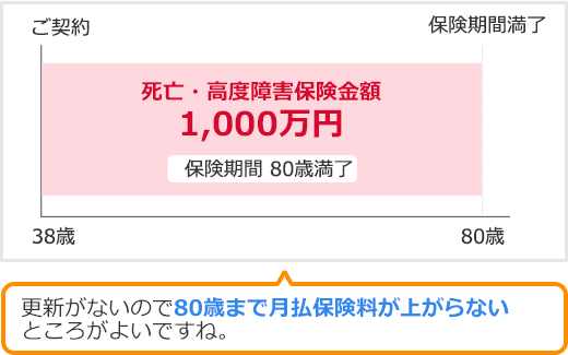 38歳ご契約～80歳保険期間満了 死亡・高度障害保険金額1000万円 保険期間80歳満了 更新がないので80歳まで月払保険料が上がらないところがよいですね。