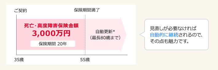 35歳ご契約～55歳保険期間満了 死亡・高度障害保険金額3000万円 保険期間20年 自動更新*(最長80歳まで) 見直しが必要なければ自動的に継続されるので、その点も魅力です。