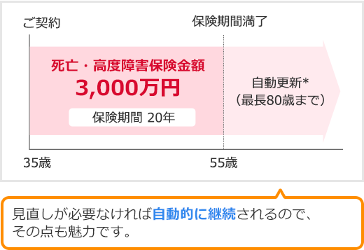 35歳ご契約～55歳保険期間満了 死亡・高度障害保険金額3000万円 保険期間20年 自動更新*(最長80歳まで) 見直しが必要なければ自動的に継続されるので、その点も魅力です。