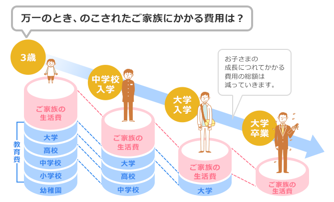 万一のとき、のこされたご家族にかかる費用は？ お子さまの成長につれてかかる費用の総額は減っていきます。3歳：ご家族の生活費、教育費（幼稚園、小学校、中学校、高校、大学）。 中学校入学：ご家族の生活費、教育費（中学校、高校、大学）。 大学入学：ご家族の生活費、教育費（大学）。 大学卒業：ご家族の生活費。