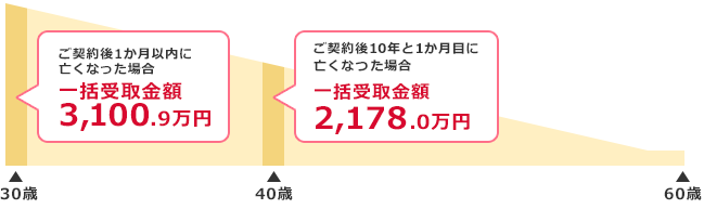 30歳:ご契約後1か月以内に亡くなった場合 一括受取金額3,100.9万円 40歳:ご契約後10年と1か月目に亡くなった場合 一括受取金額2,178.0万円