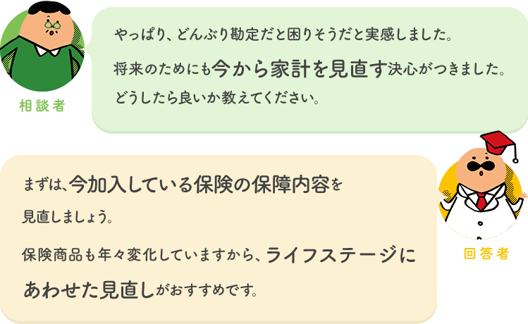 相談者「やっぱり、どんぶり勘定だと困りそうだと実感しました。
将来のためにも今から家計を見直す決心がつきました。どうしたら良いか教えてください。」 回答者「まずは、今加入している保険の保障内容を見直しましょう。保険商品も年々変化していますから、ライフステージにあわせた見直しがおすすめです。」