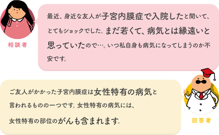 相談者「最近、身近な友人が子宮内膜症で入院したと聞いて、とてもショックでした。まだ若くて、病気とは縁遠いと思っていたので…。いつ私自身も病気になってしまうのか不安です。」 回答者「ご友人がかかった子宮内膜症は女性特有の病気と言われるものの一つです。女性特有の病気には、女性特有の部位のがんも含まれます。」