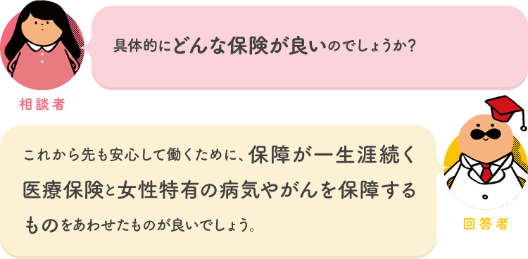 相談者「具体的にどんな保険が良いのでしょうか？」 回答者「これから先も安心して働くために、保障が一生涯続く医療保険と女性特有の病気やがんを保障するものをあわせたものが良いでしょう。」