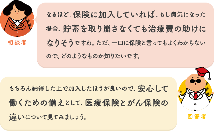 相談者「なるほど。保険に加入していれば、もし病気になった場合、貯蓄を取り崩さなくても治療費の助けになりそうですね。ただ、一口に保険と言ってもよくわからないので、どのようなものか知りたいです。」 回答者「もちろん納得した上で加入したほうが良いので、安心して働くための備えとして、医療保険とがん保険の違いについて見てみましょう。」