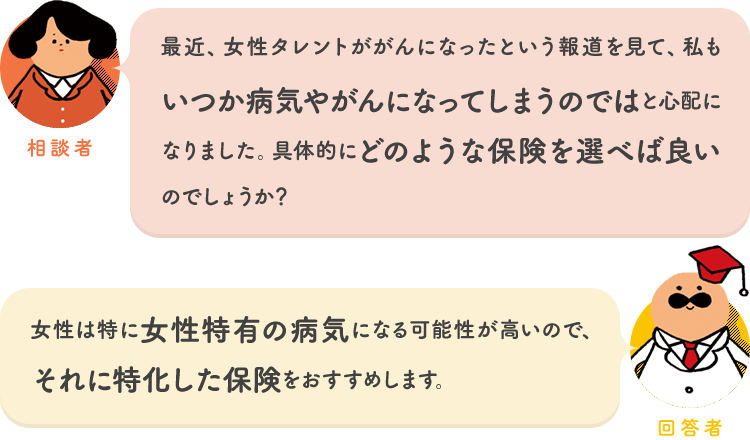 相談者「最近、女性タレントががんになったという報道を見て、私もいつか病気やがんになってしまうのではと心配になりました。具体的にどのような保険を選べば良いのでしょうか？」 回答者「女性は特に女性特有の病気になる可能性が高いので、それに特化した保険をおすすめします。」