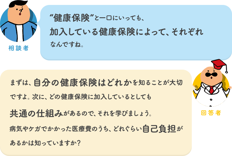 相談者「“健康保険”と一口にいっても、加入している健康保険によって、それぞれなんですね。」 回答者「まずは、自分の健康保険はどれかを知ることが大切ですよ。次に、どの健康保険に加入しているとしても共通の仕組みがあるので、それを学びましょう。病気やケガでかかった医療費のうち、どれぐらい自己負担があるかは知っていますか？」