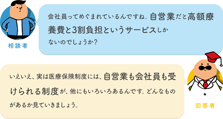 相談者「会社員ってめぐまれているんですね。自営業だと高額療養費と3割負担というサービスしかないのでしょうか？」 回答者「いえいえ、実は医療保険制度には、自営業も会社員も受けられる制度が、他にもいろいろあるんです。どんなものがあるか見ていきましょう。」