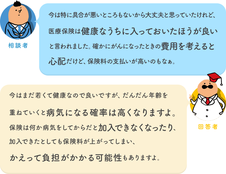 相談者「今は特に具合が悪いところもないから大丈夫と思っていたけれど、医療保険は健康なうちに入っておいたほうが良いと言われました。確かにがんになったときの費用を考えると心配だけど、保険料の支払いが高いのもなぁ。」 回答者「今はまだ若くて健康なので良いですが、だんだん年齢を重ねていくと病気になる確率は高くなりますよ。保険は何か病気をしてからだと加入できなくなったり、加入できたとしても保険料が上がってしまい、かえって負担がかかる可能性もありますよ。」