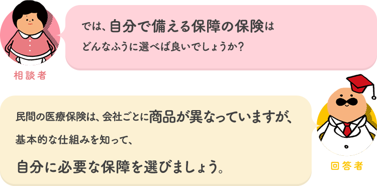 相談者「では、自分で備える保障の保険はどんなふうに選べば良いでしょうか？」 回答者「民間の医療保険は、会社ごとに商品が異なっていますが、基本的な仕組みを知って、自分に必要な保障を選びましょう。」