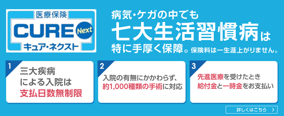 医療保険 CURE Next キュア・ネクスト 病気・ケガの中でも七大生活習慣病は特に手厚く保障。