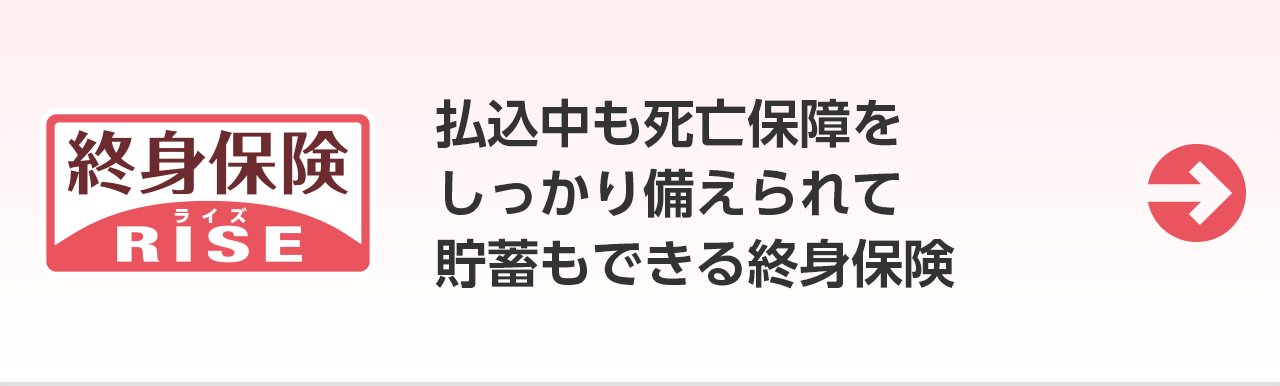 終身保険 ライズ RISE。払込中も死亡保障をしっかり備えられて貯蓄もできる終身保険。※「貯蓄ができる」について