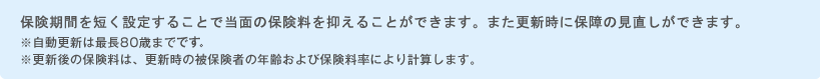 保険期間を短く設定することで当面の保険料を抑えることができます。また更新時に保障の見直しができます。 ※自動更新は最長80歳までとなります。※更新後の保険料は、更新時の被保険者の年齢および保険料率により計算します。