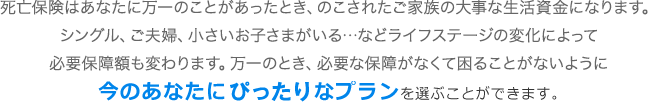 死亡保険はあなたに万一のことがあったとき、のこされたご家族の大事な生活資金になります。シングル、ご夫婦、小さいお子さまがいる…などライフステージの変化によって必要保障額も変わります。万一のとき、必要な保障がなくて困ることがないように今のあなたにぴったりなプランを選ぶことができます。