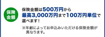 保険金額 保険金額は500万円から 最高3,000万円まで100万円単位で 選べます！※年齢によってお申込みいただける保険金額が異なります。