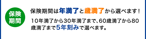 保険期間 保険期間は年満了と歳満了から選べます！10年満了から30年満了まで、60歳満了から80歳満了まで5年刻みで選べます。