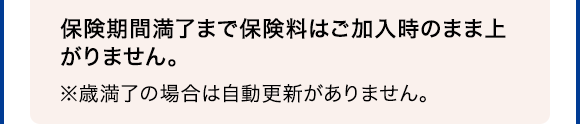 保険期間満了まで保険料はご加入時のまま上がりません。 ※歳満了の場合は自動更新がありません。