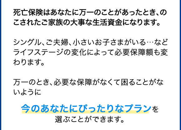 死亡保険はあなたに万一のことがあったとき、のこされたご家族の大事な生活資金になります。シングル、ご夫婦、小さいお子さまがいる…などライフステージの変化によって必要保障額も変わります。万一のとき、必要な保障がなくて困ることがないように 今のあなたにびったりなプランを選ぶことができます。