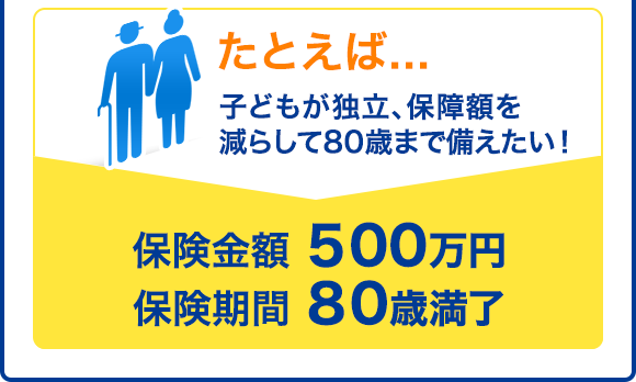 たとえば...子どもが独立、保障額を減らして80歳まで備えたい！保険金額 500万円／保険期間 80歳満了