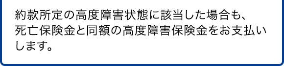 約款所定の高度障害状態に該当した場合も、死亡保険金と同額の高度障害保険金をお支払いします。