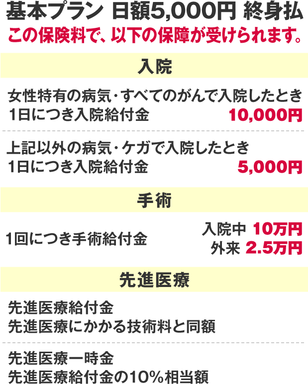 基本プラン 日額5,000円 終身払 この保険料で、以下の保障が受けられます。入院 女性特有の病気・すべてにがんで入院したとき1日につき入院給付金 10,000円 上記以外の病気・ケガで入院したとき1日につき入院給付金 5,000円 手術 1回につき手術給付金 入院中 10万円 外来 2.5万円 先進医療 先進医療給付金 先進医療にかかる技術料と同額 先進医療一時金 先進医療給付金の10％相当額