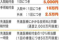 入院給付金：1日につき5,000円／手術給付金：入院中1回につき10万円／外来1回につき2.5万円／先進医療給付金：通算限度額2,000万円