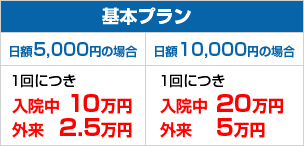 基本プラン 日額5,000円コース1回につき入院中10万円外来2.5万円 日額10,000円コース1回につき入院中20万円外来5万円