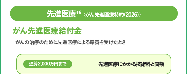 先進医療＊6 がん先進医療給付金 通算2000万円まで先進医療にかかる技術料と同額
