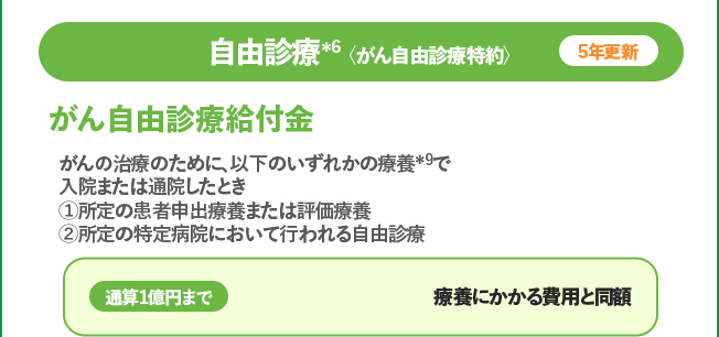 自由診療＊6 がん自由診療給付金 ①所定の患者申出、評価療養②所定の特定病院での自由診療 通算1億円まで療養にかかる費用と同額がん自由診療一時金 1つの診療計画につき50万円まで がん自由診療給付金の10%相当額