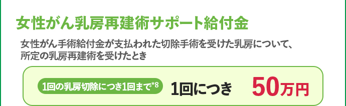 女性がん乳房再建術サポート給付金 1回の乳房切除につき1回まで＊8 1回につき50万円