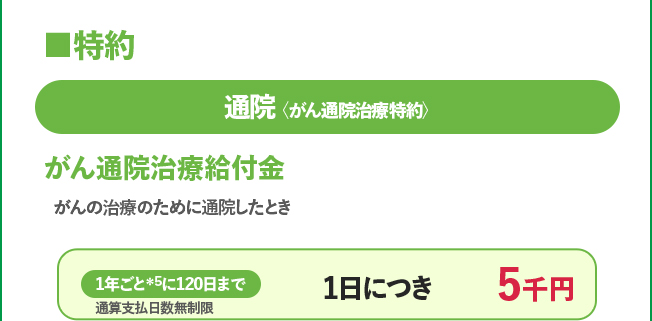 通院 がん通院治療給付金 1年ごと＊5に120日まで 通算支払日数無制限 1日につき5千円
