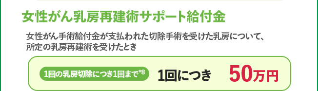 女性がん乳房再建術サポート給付金 1回の乳房切除につき1回まで＊8 1回につき50万円