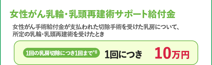女性がん乳輪・乳頭再建術サポート給付金 1回の乳房切除につきまして1回まで＊8 1回につき 10万円